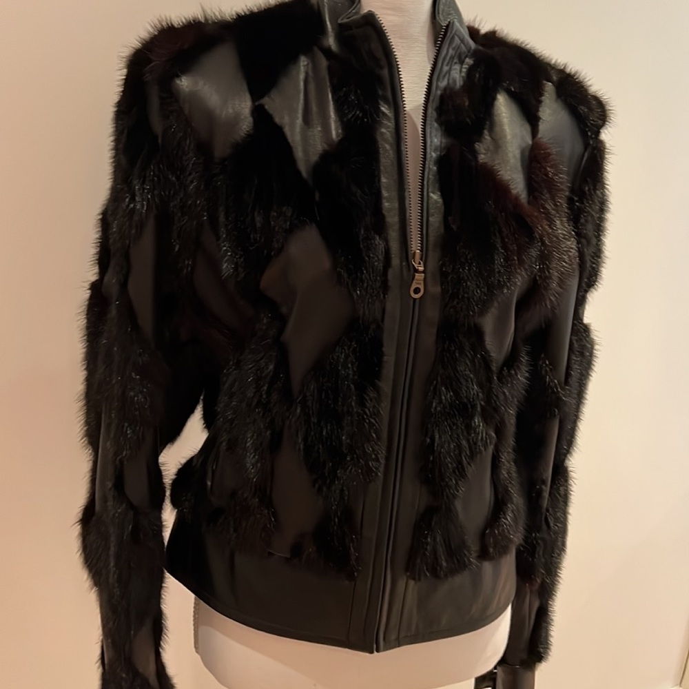 Black Leather Jacket With Black Patchwork Fur Min… - image 4